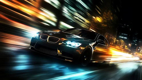 Black sports car racing through blurred neon city streets.