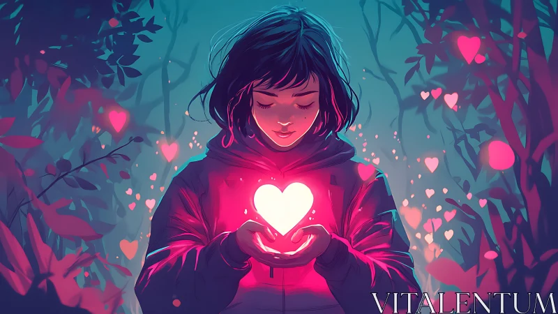 A Girl Holds a Glowing Heart Full of Love and Hope