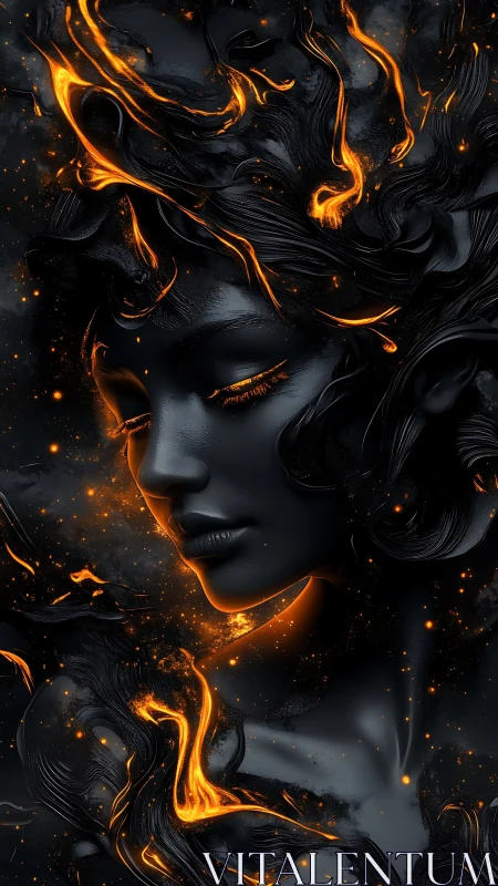 Female face emerges from dark background with molten light