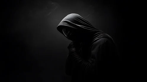 Hooded figure emerges from darkness in moody chiaroscuro portrait.