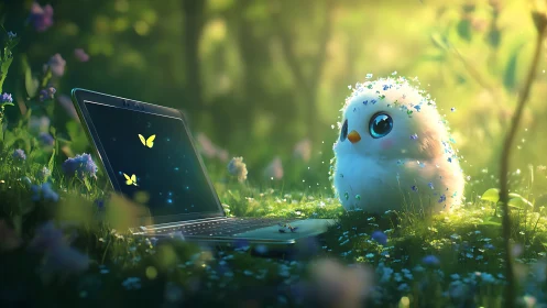 Tiny digital owl beside glowing laptop in spring meadow.