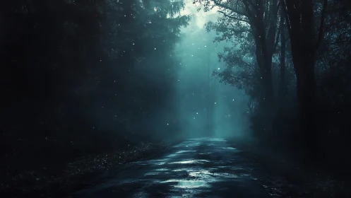 Moonlit forest path inviting quiet late-night wandering.