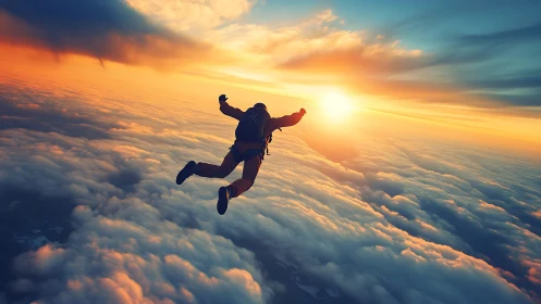 Sunset skydiver surfing the cloud sea at golden hour.