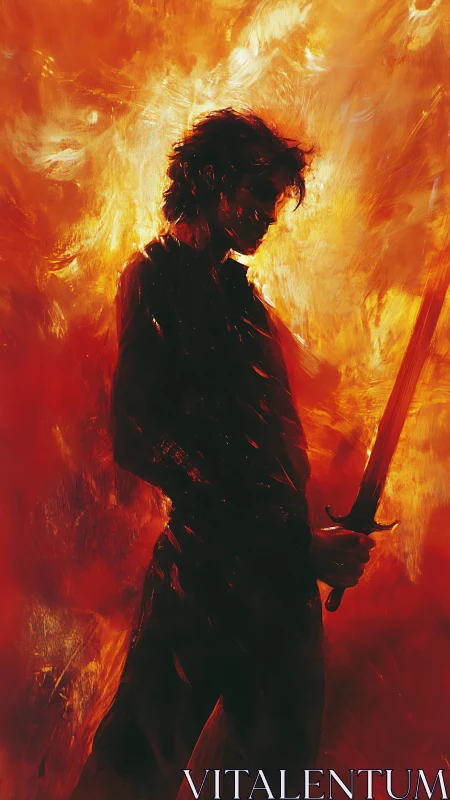 Backlit swordsman silhouette framed by turbulent infernal light