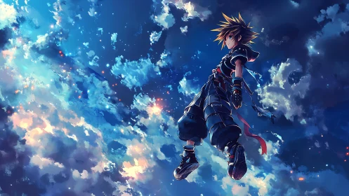 Anime hero drifts through luminous evening sky of clouds.