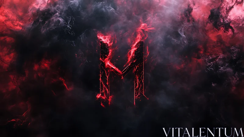 Fiery red letter M emerging from dense dark smoke.