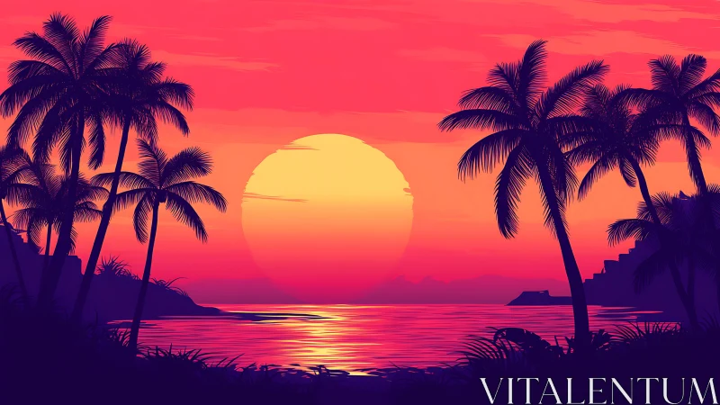 Neon tropical sunset coast with silhouetted palm forests.
