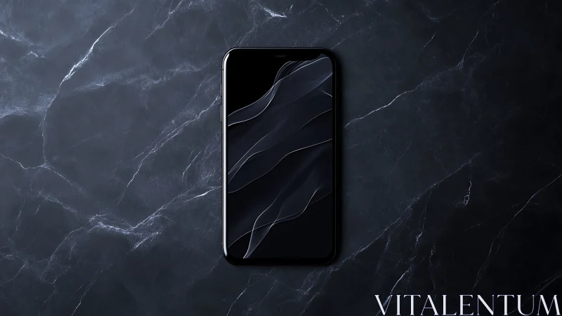 Black smartphone on dark marble surface, centered vertically.