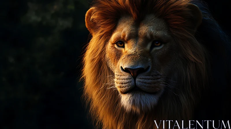 High-contrast lion portrait with directional rim lighting effect.