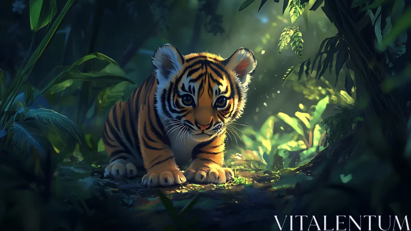 Young tiger cub resting in softly lit dense jungle scene.