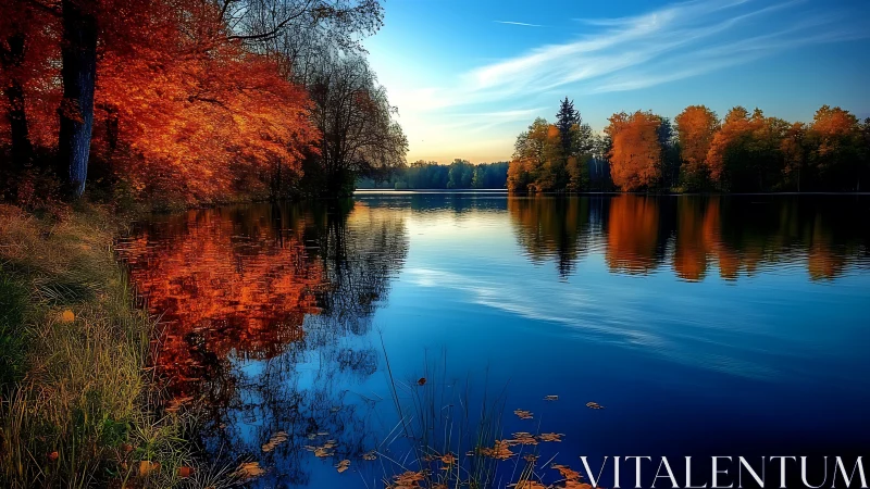 Autumn forest lake reflects vivid orange foliage at dusk.