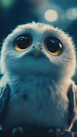 Tiny wide-eyed owl gazes up in dreamy blue light.