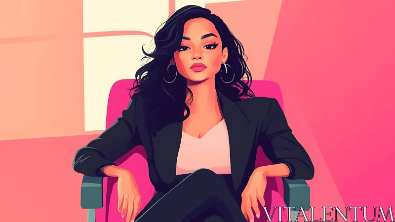 Confident Woman in Black Suit, Modern Vector Art Style.