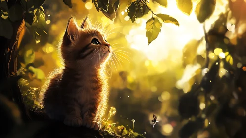 Sunlit forest kitten watching a tiny drifting butterfly.