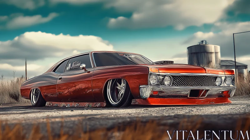 Custom lowrider muscle car under dramatic rural sky.