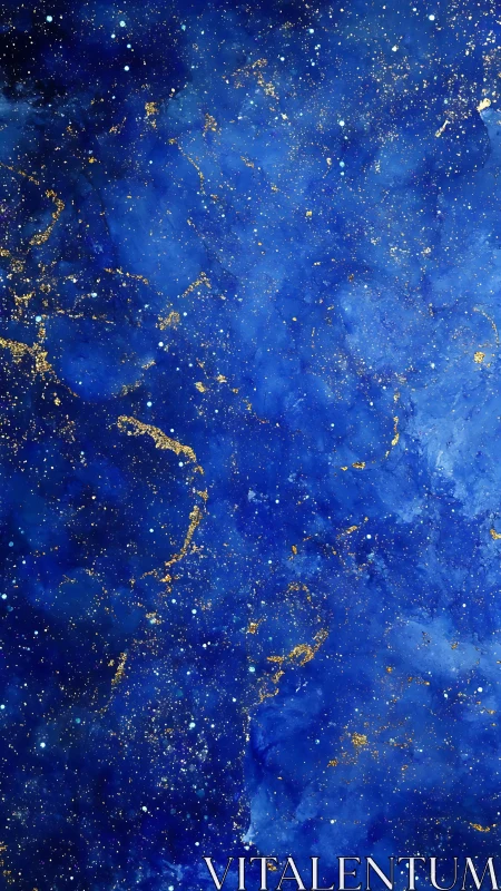 Midnight blue galaxy drifts softly with golden stardust