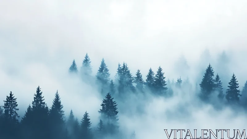 Misty Forest Landscape with Layered Pine Trees.