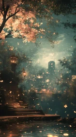 Dreamlit riverside steps glow beneath floating fireflies