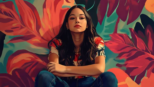 Confident young woman against stylized tropical foliage.
