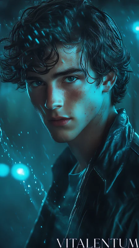 Young man in rain with teal cinematic lighting portrait.