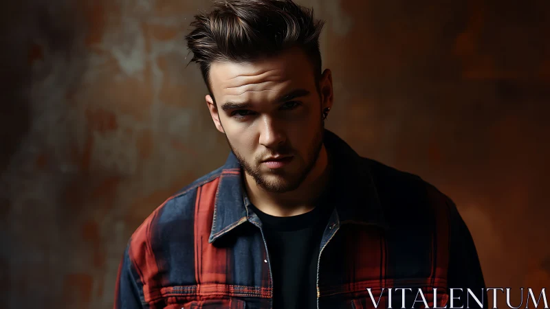 Moody low key portrait of young man in plaid denim jacket