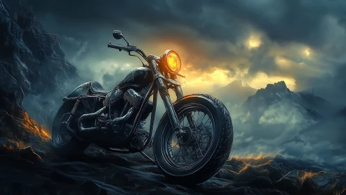 Digital painting of lone motorcycle in storm-lit mountainscape.