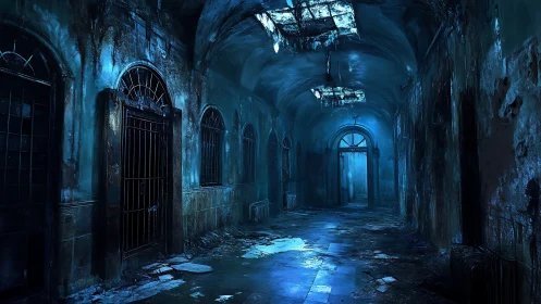 Haunting blue hallway invites curious eyes into quiet decay