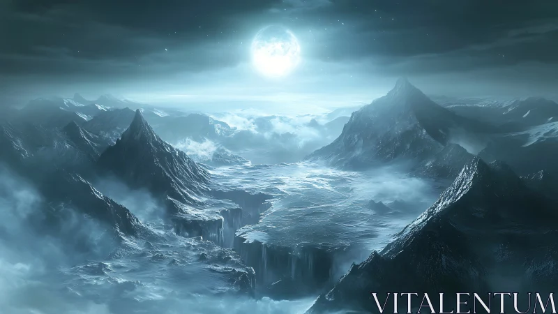 Lunar-illuminated glacial canyon divides monumental icy peaks