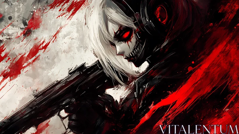 Cybernetic skull-masked sniper rendered in high-contrast red and black