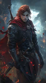 Red cloaked swordsman stands in burning cliffside ruins