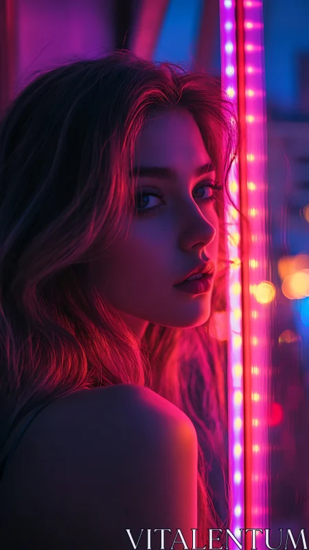 Neon-lit portrait with cinematic shallow depth of field.