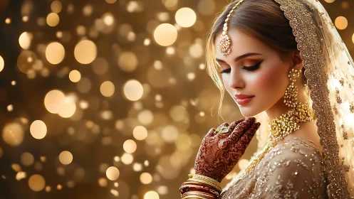 Bridal elegance with golden bokeh and intricate mehndi glow.
