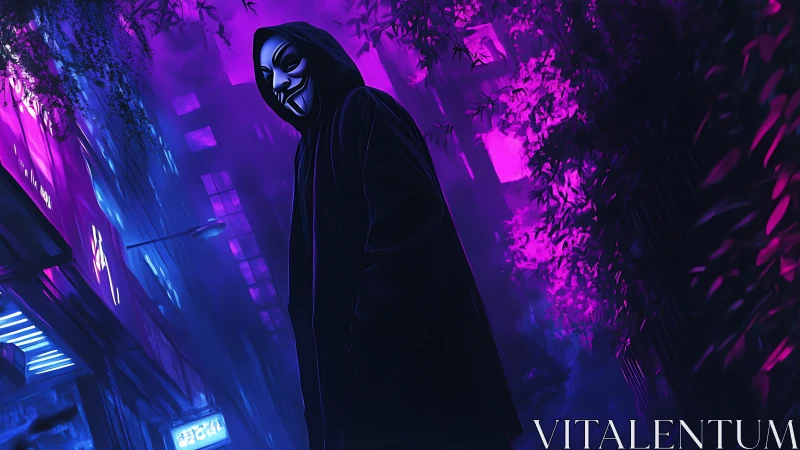 Hooded masked figure dominates neon cyberpunk alleyway scene