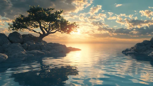 Gentle lone tree welcomes the day above calm coastal waters