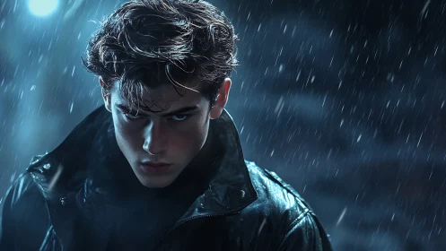 Brooding young man in rain under moody cinematic light.
