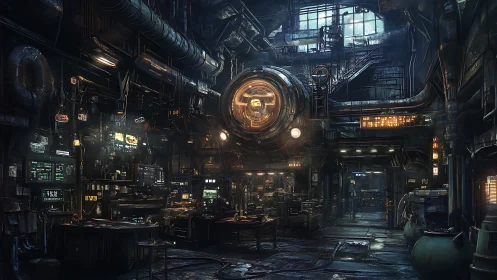 Cyberpunk engine lab glows inside dense industrial maze.