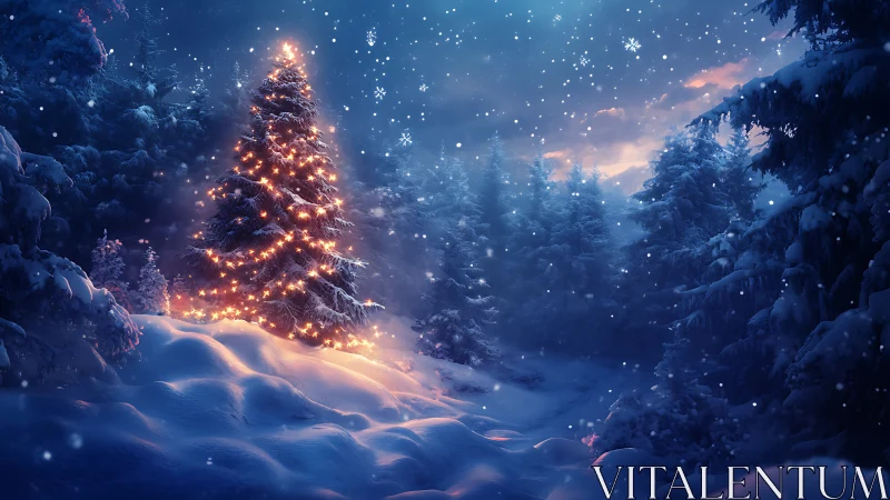 Glowing Christmas tree warms a tranquil snowy forest night