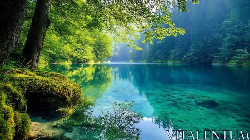 Emerald forest shoreline leans over a glassy turquoise lake