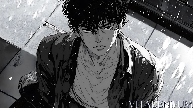 Male figure kneels on wet pavement in stylized monochrome rain