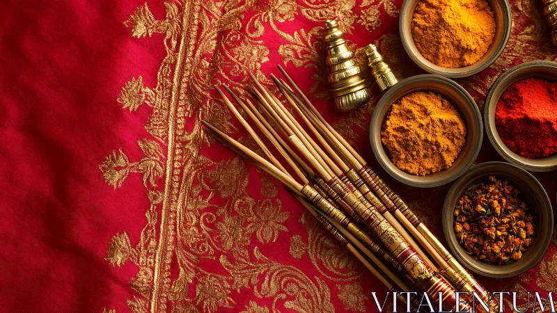 Incense sticks, powders and fabric form a structured arrangement