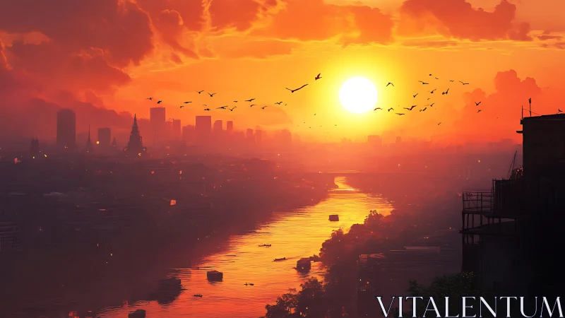 Sunlit river corridor bisects hazy skyline under dense orange clouds