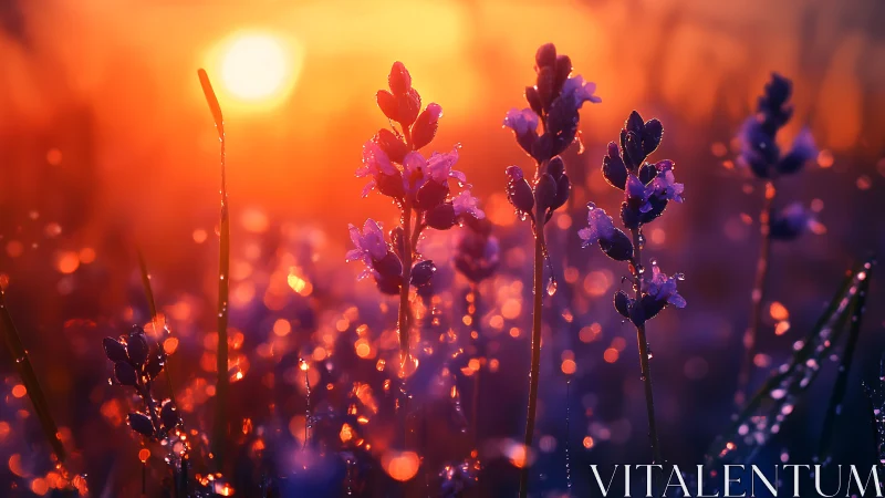 Lavender blooms glow in dewy light of a vibrant sunrise
