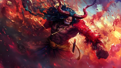 Horned warrior figure in fiery abstract digital scene.