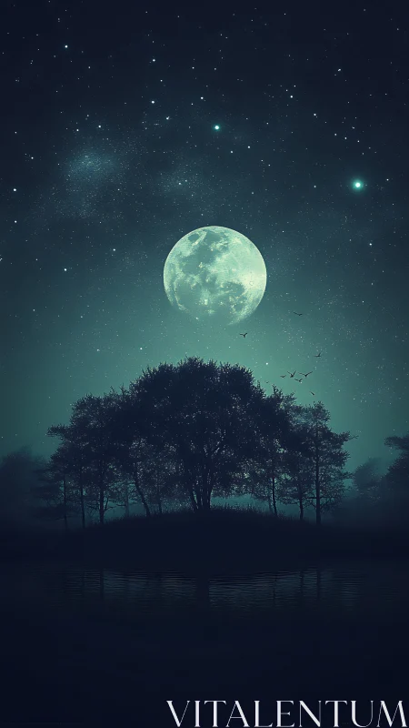 Backlit lunar rise behind silhouetted trees with reflective water