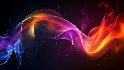 Multicolor light wave forms a curved band across dark space