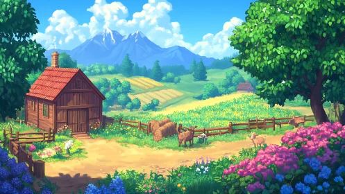 Sunlit pixel pasture dozes beneath distant sapphire peaks