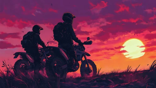 Two off-road motorcyclists observe a large sunset sky