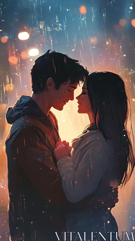 Luminous Embrace: Neon-Lit Romance Amid Urban Rain