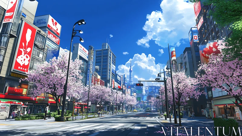 Cherry blossom boulevard basking under neon-kissed spring skies.