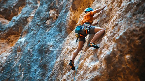 Rock climber ascends steep cliff face in vivid sunlight.